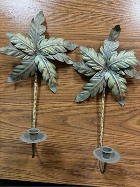 Pair of 16-1/2” Metal Palm Leaf Wall Sconces - Green Patina